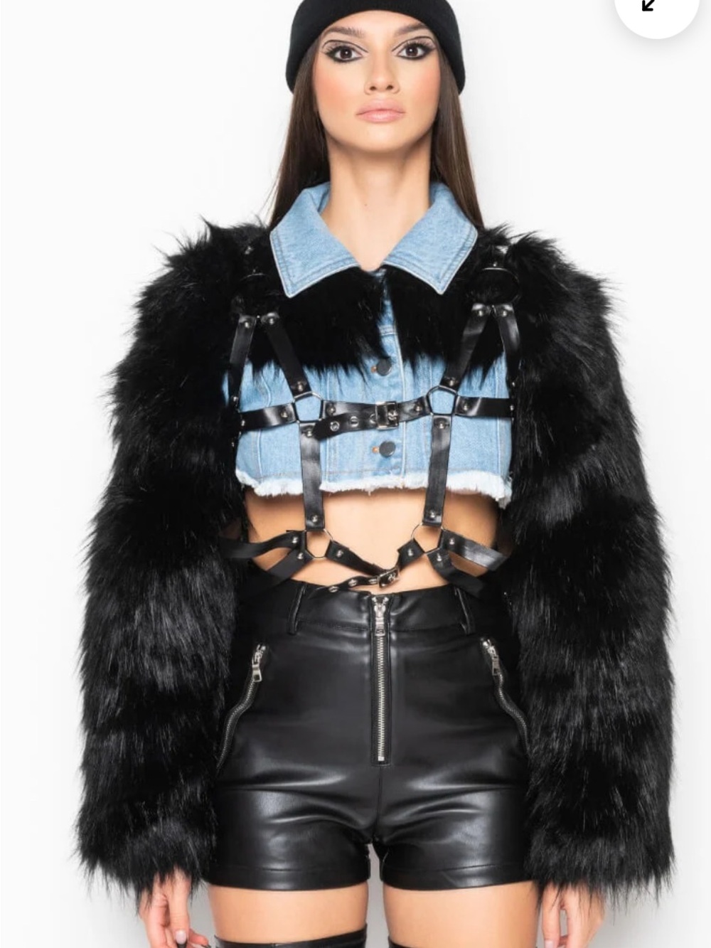 AKIRA Black Faux Fur Cropped Teddy Jacket with Harness NEVER Worn